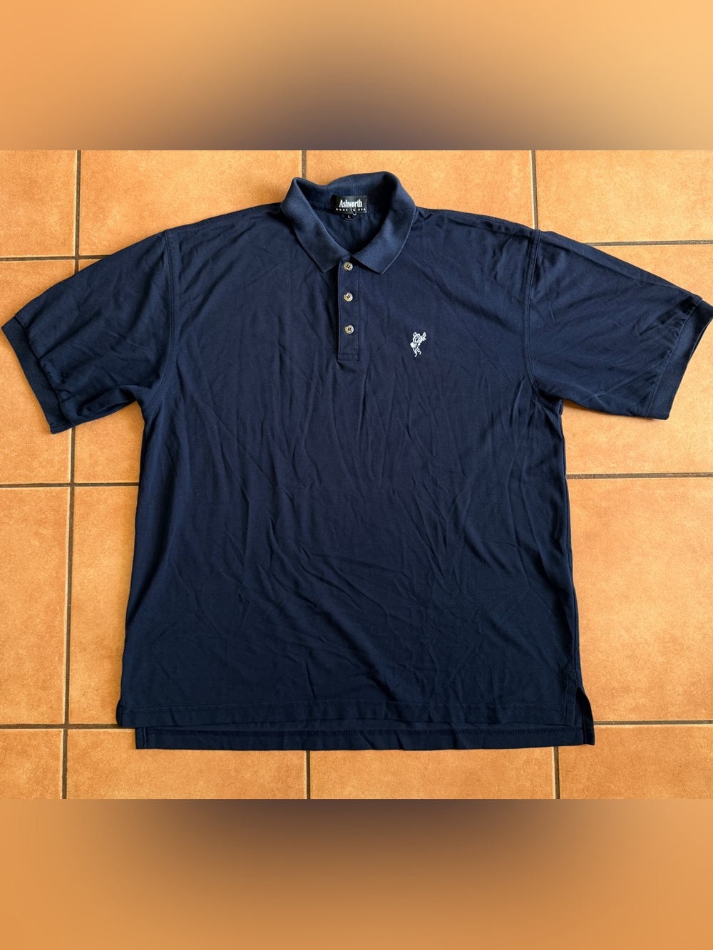 Ashworth Navy Blue Polo with Embroidered Logo Made In USA Size Large